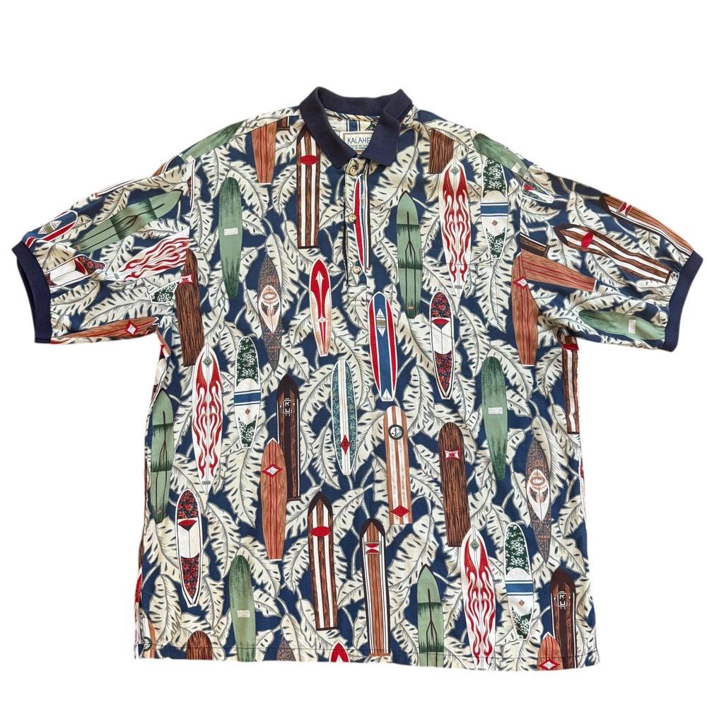 Kalaheo RJC Mens XL Surfboard Tropical‎ Palm Leaf Polo Shirt Made in Hawaii Blue
